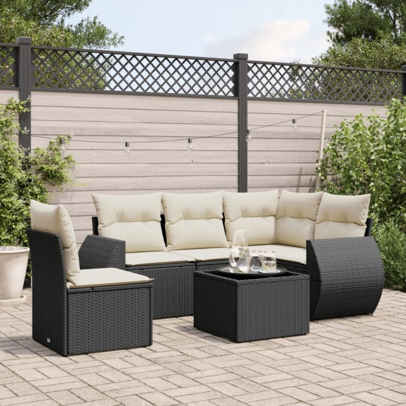 Salon de jardin 6 pcs avec coussins noir résine tressée 
