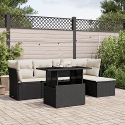Salon de jardin 6 pcs avec coussins noir résine tressée 