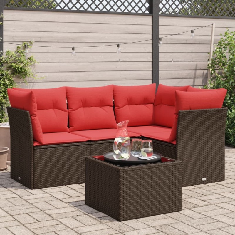 Salon de jardin avec coussins 5 pcs marron résine tressée 