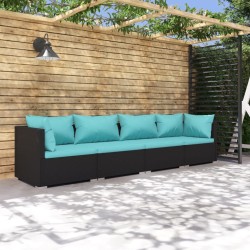 Salon de jardin 4 pcs avec coussins Résine tressée Noir 