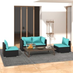 Salon de jardin 4 pcs avec coussins Résine tressée Noir 