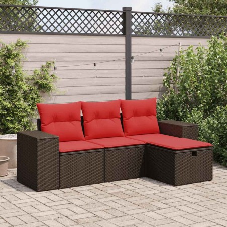 Salon de jardin 4 pcs avec coussins marron résine tressée 