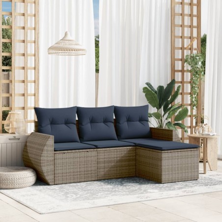 Salon de jardin 4 pcs avec coussins gris résine tressée 