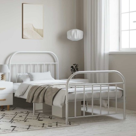 Cadre de lit métal sans matelas et pied de lit blanc 100x190 cm 
