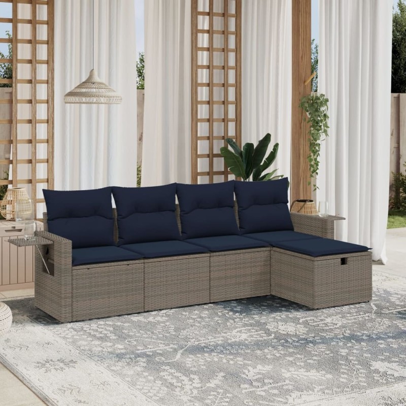 Salon de jardin 5 pcs avec coussins gris résine tressée 