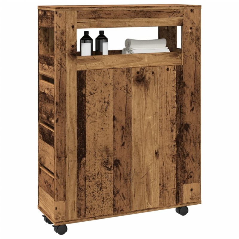 Meuble étroit de salle de bain à roulettes vieux bois 