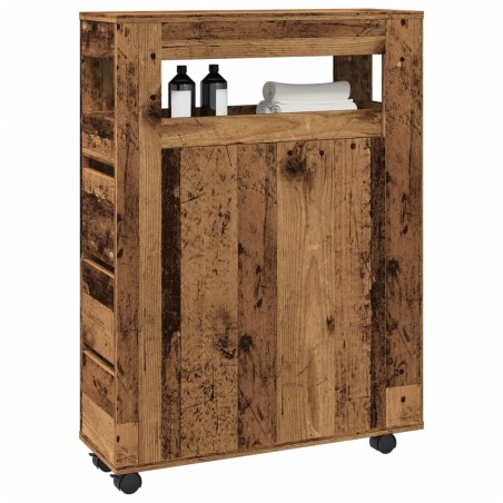Meuble étroit de salle de bain à roulettes vieux bois 