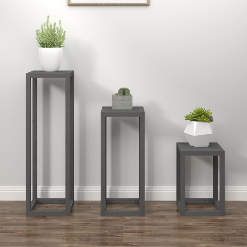 Ensemble de supports pour plantes 3 pcs Gris Bois de pin massif Ensemble de supports pour plantes 3 pcs Gris Bois de pin massif