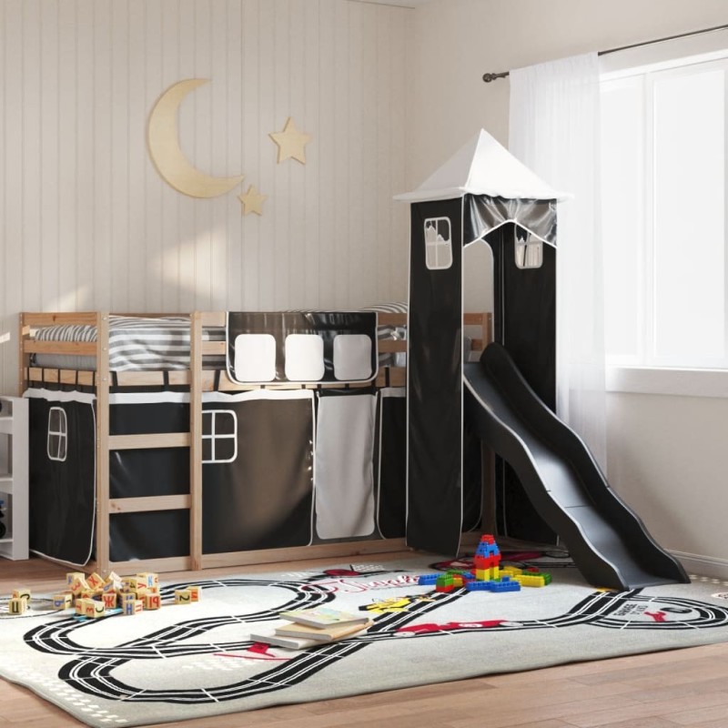Lit superposé sans matelas avec toboggan blanc noir 90x200 cm 