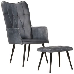 Chaise à oreilles avec repose-pied Gris Cuir véritable 