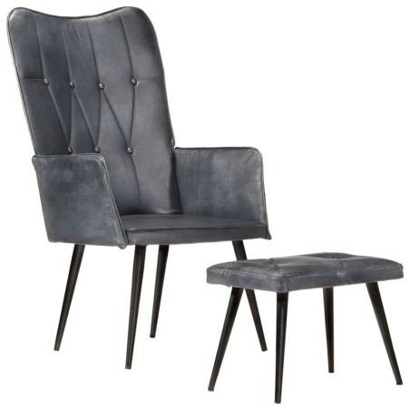 Chaise à oreilles avec repose-pied Gris Cuir véritable 