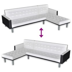 Canapé-lit en L en cuir synthétique blanc et noir 
