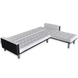 Canapé-lit en L en cuir synthétique blanc et noir 