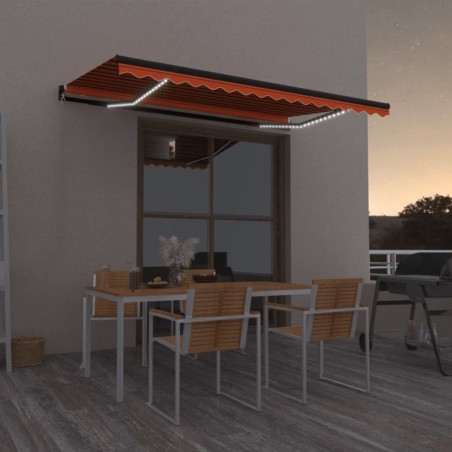 Auvent manuel rétractable avec LED 450x350 cm Orange et marron 