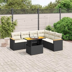 Salon de jardin 7 pcs avec coussins noir résine tressée 