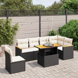 Salon de jardin 7 pcs avec coussins noir résine tressée 
