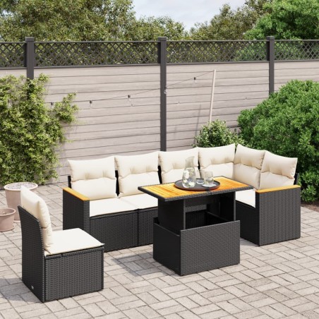 Salon de jardin 7 pcs avec coussins noir résine tressée 