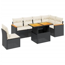 Salon de jardin 7 pcs avec coussins noir résine tressée 