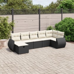 Salon de jardin 7 pcs avec coussins noir résine tressée 