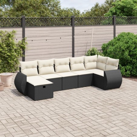 Salon de jardin 7 pcs avec coussins noir résine tressée 