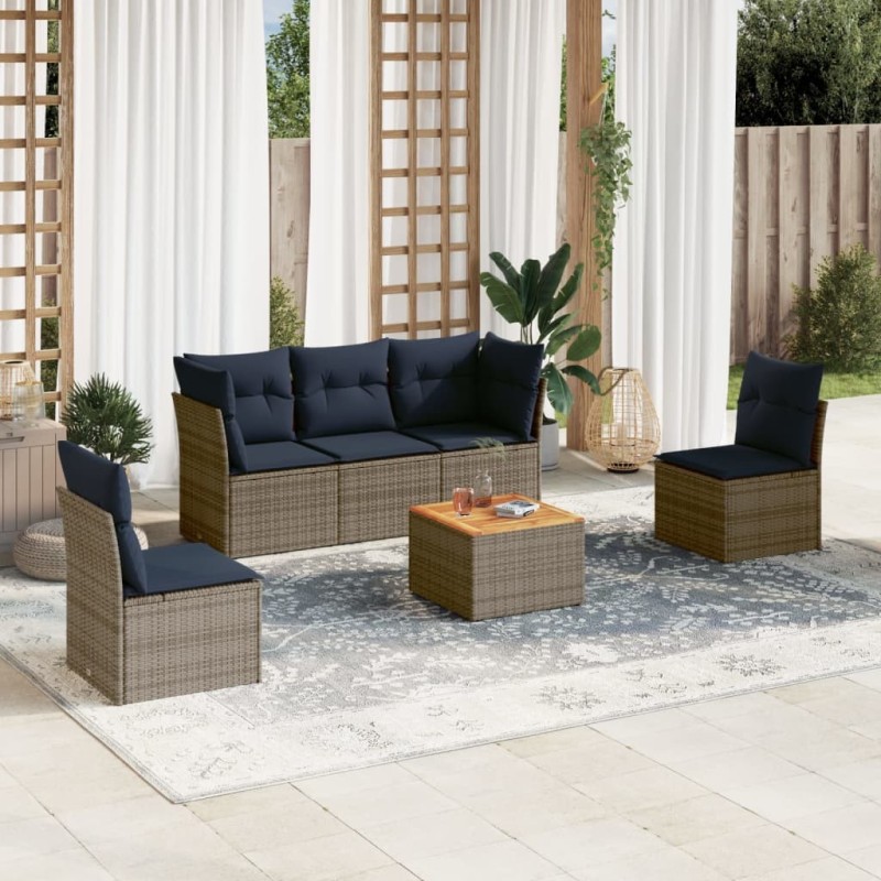 Salon de jardin 6 pcs avec coussins gris résine tressée 