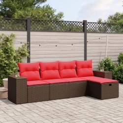 Salon de jardin avec coussins 5 pcs marron résine tressée 