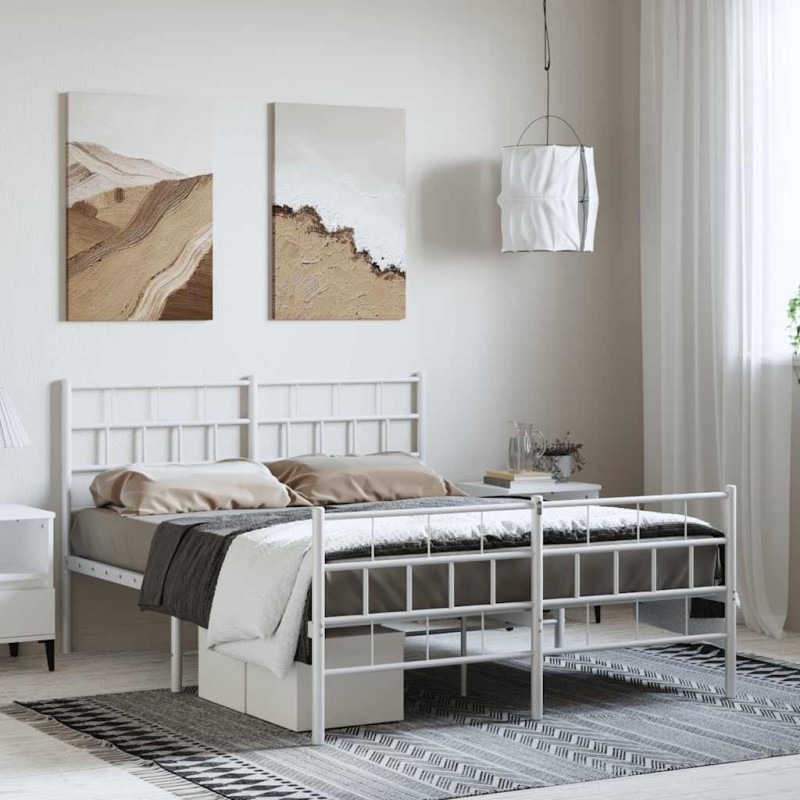 Cadre de lit métal sans matelas et pied de lit blanc 135x190 cm 