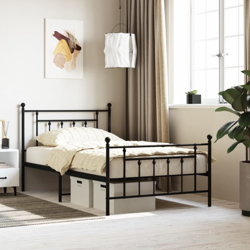 Cadre de lit métal sans matelas avec pied de lit noir 107x203cm 