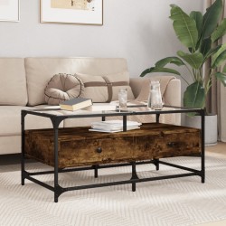 Table basse avec dessus en verre chêne fumé 98,5x50x45 cm acier 