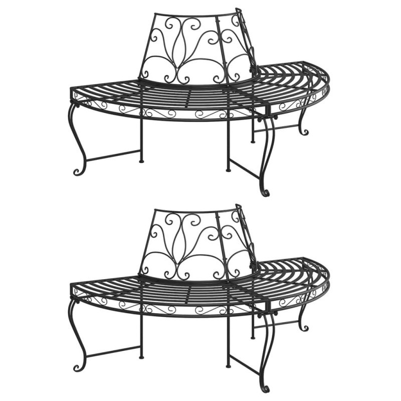 Banc demi-circulaire tour d'arbre lot de 2 Ø160 cm Noir Acier Banc demi-circulaire tour d'arbre lot de 2 Ø160 cm Noir Acier