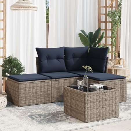 Salon de jardin 5 pcs avec coussins gris résine tressée 
