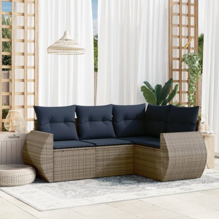 Salon de jardin 4 pcs avec coussins gris résine tressée 