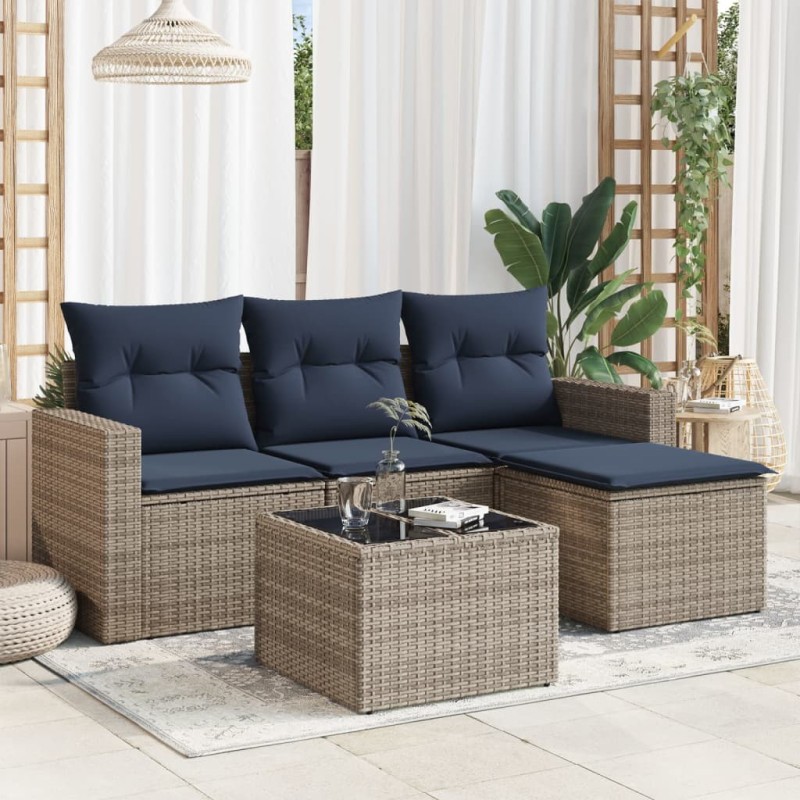 Salon de jardin 5 pcs avec coussins gris résine tressée 