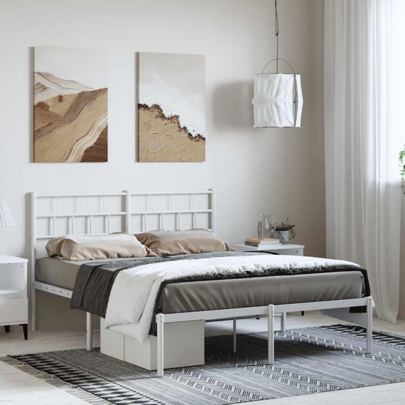 Cadre de lit métal sans matelas et tête de lit blanc 135x190 cm 