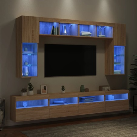 Ensemble de meubles TV muraux 8pcs et lumières LED chêne sonoma 