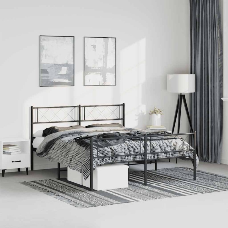 Cadre de lit métal sans matelas avec pied de lit noir 135x190cm 