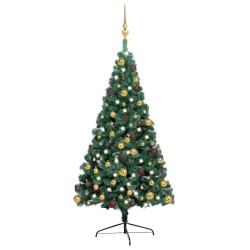 Demi-arbre de Noël artificiel pré-éclairé et boules vert 240 cm 