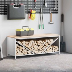 Étagère à bois de chauffage avec plateau en bois blanc 