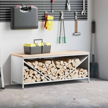 Étagère à bois de chauffage avec plateau en bois blanc 