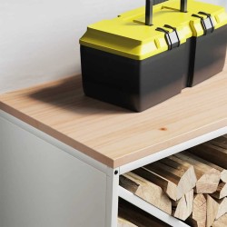 Étagère à bois de chauffage avec plateau en bois blanc 