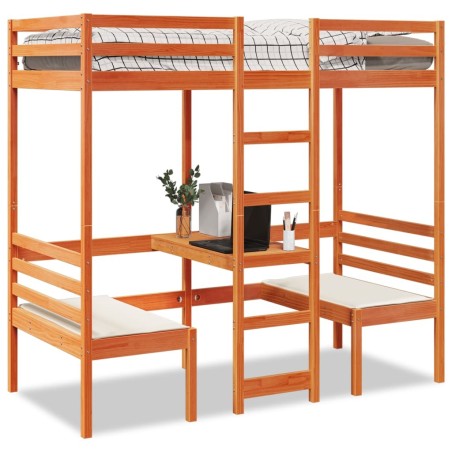 Lit mezzanine avec bureau et chaises brun cire 90x190 cm pin 