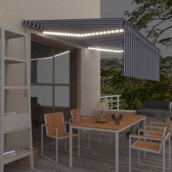 Auvent manuel rétractable avec store et LED 4x3 m Bleu et blanc 