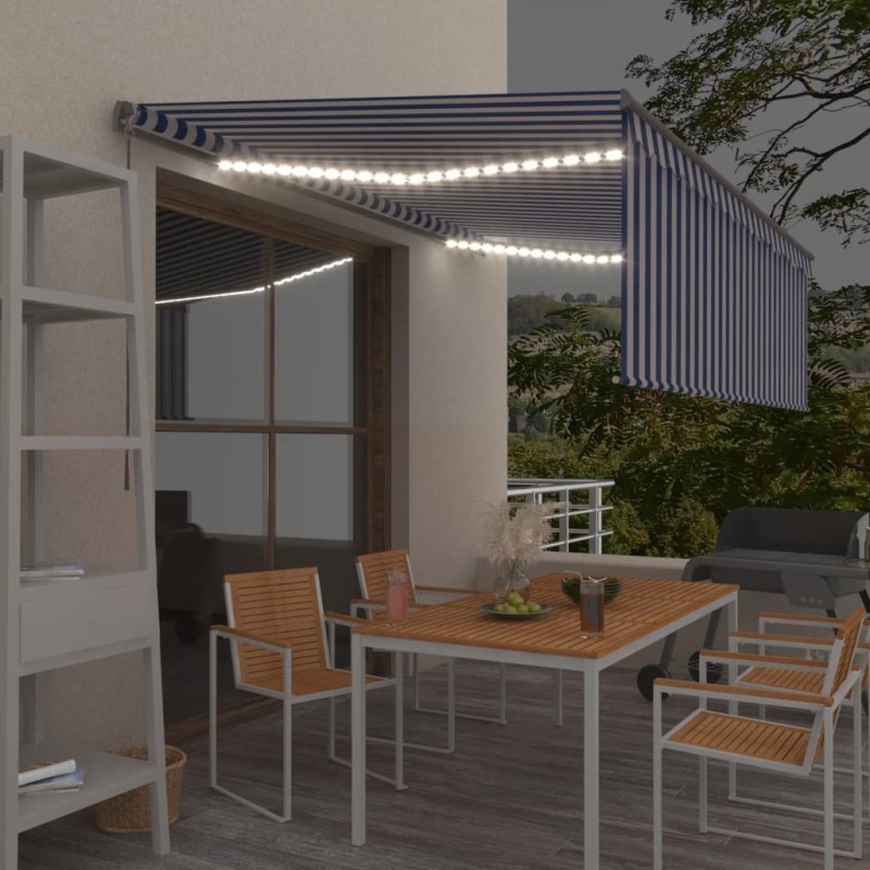 Auvent manuel rétractable avec store et LED 4x3 m Bleu et blanc 