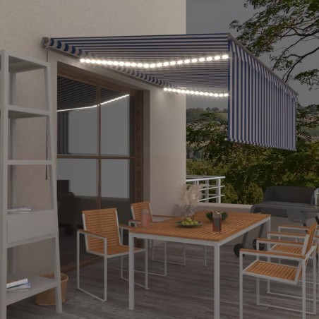 Auvent manuel rétractable avec store et LED 4x3 m Bleu et blanc 
