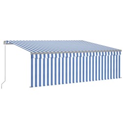 Auvent manuel rétractable avec store et LED 4x3 m Bleu et blanc 