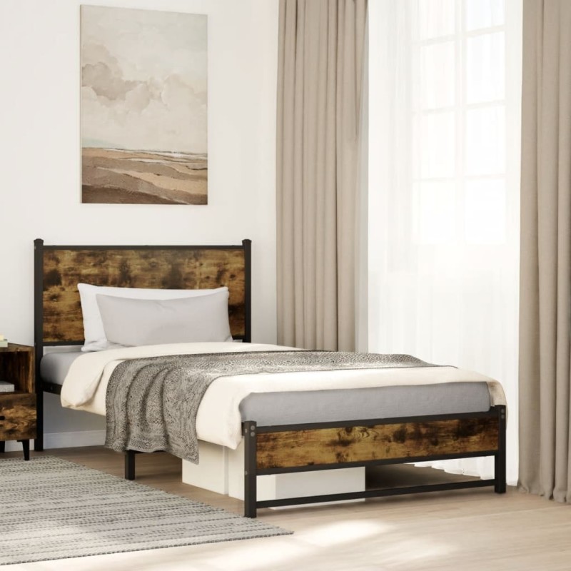 Cadre de lit en métal sans matelas chêne fumé 107x203 cm 