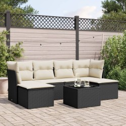 Salon de jardin 7 pcs avec coussins noir résine tressée 