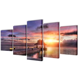Set de toiles murales imprimées Plage avec pavillon 100 x 50 cm 