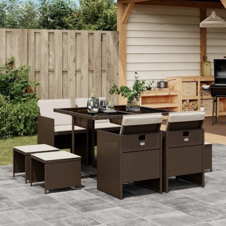 Ensemble à manger de jardin et coussins 9 pcs marron poly rotin 
