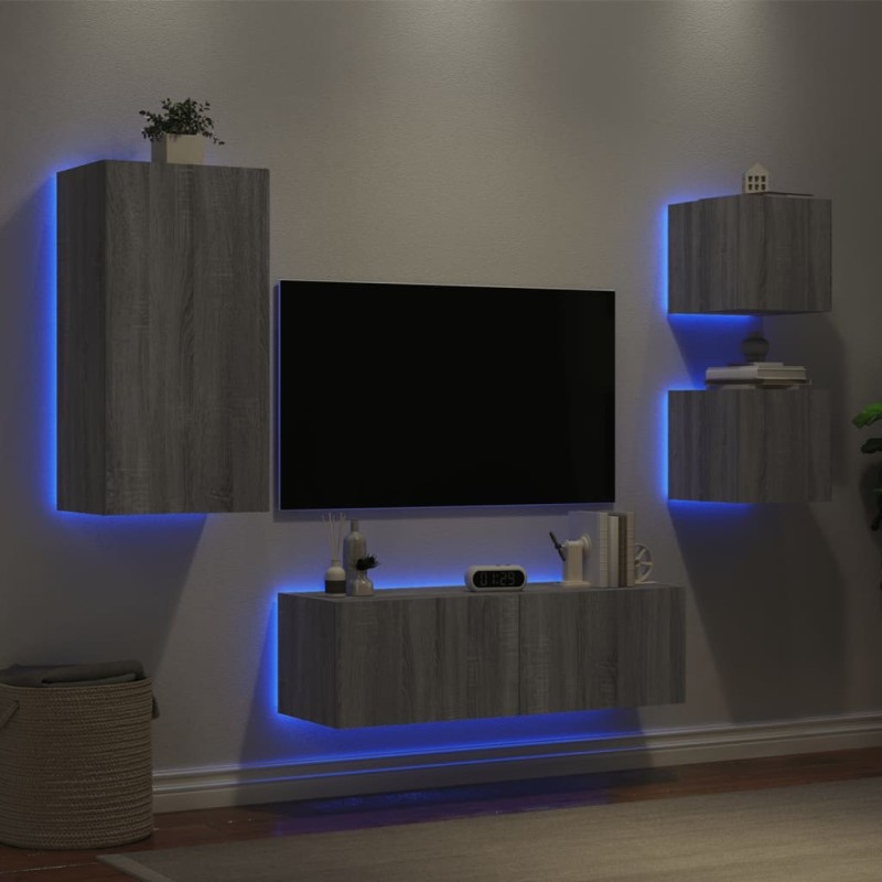 Meuble TV muraux 4 pcs avec lumières LED sonoma gris 